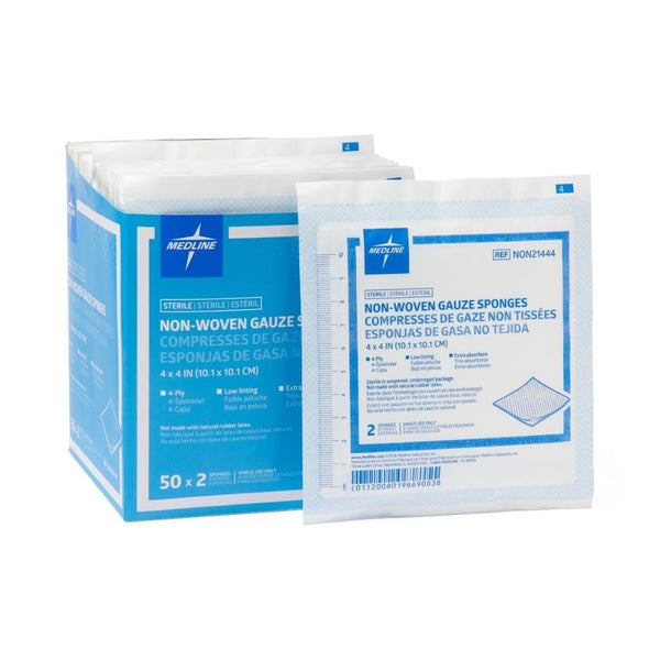 Medline Gauze Sterile Nonwoven 4-Ply Sponges, 4" x 4", in 2-Packs, Rayon/Polyester, Low Linting, Extra-Absorbent, NON21444