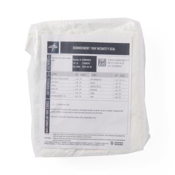 Packaged medical Medline Debridement Tray Package with a label on a white background