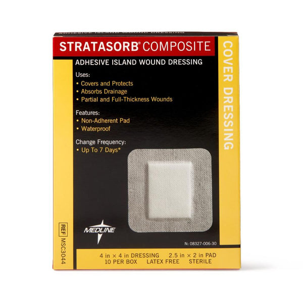 Medline Stratasorb Composite Adhesive Island Wound Dressings, 4 x 4 In. with 2 x 2.5  In. Pad, Non-Adherent Pad, Latex-free, MSC3044