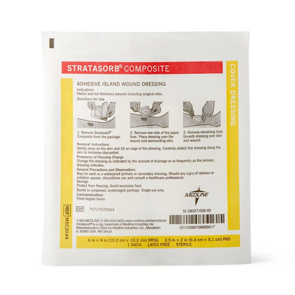 Medline Stratasorb Composite Adhesive Island Wound Dressings, 4 x 4 In. with 2 x 2.5  In. Pad, Non-Adherent Pad, Latex-free, MSC3044