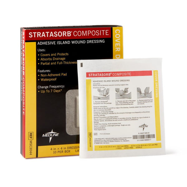 Medline Stratasorb Composite Adhesive Island Wound Dressings, 4 x 4 In. with 2 x 2.5  In. Pad, Non-Adherent Pad, Latex-free, MSC3044
