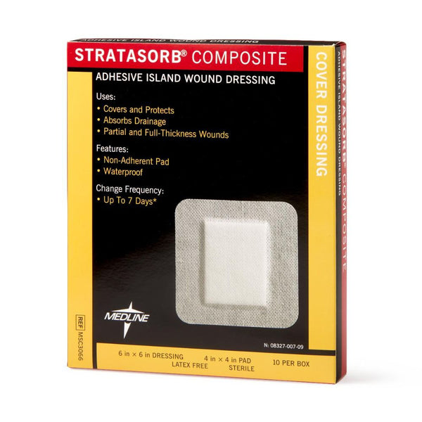 Medline Stratasorb Composite Adhesive Island Wound Dressings, 6 x 6  In.with 4 x 4 In. Pad, Non-Adherent Pad, Latex-free, MSC3066