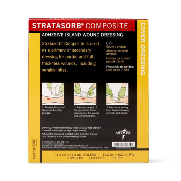 Medline Stratasorb Composite Adhesive Island Wound Dressings, 6 x 6  In.with 4 x 4 In. Pad, Non-Adherent Pad, Latex-free, MSC3066