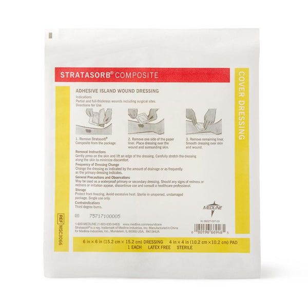 Medline Stratasorb Composite Adhesive Island Wound Dressings, 6 x 6  In.with 4 x 4 In. Pad, Non-Adherent Pad, Latex-free, MSC3066