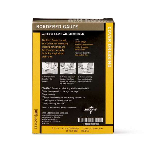 Medline Bordered Gauze Adhesive Island Wound Dressing, 2"x 2" with 1"x 1" Pad, Sterile, MSC3222