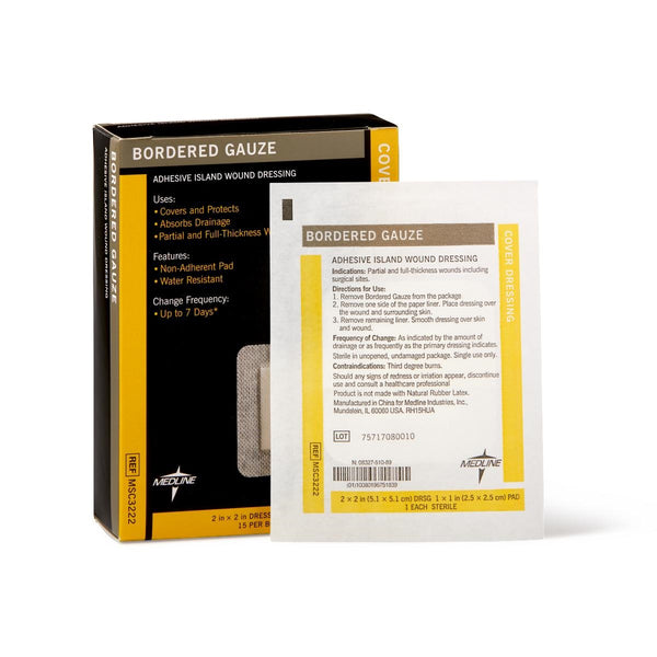Medline Bordered Gauze Adhesive Island Wound Dressing, 2"x 2" with 1"x 1" Pad, Sterile, MSC3222