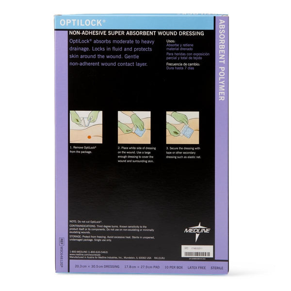 Medline OptiLock Non-Adhesive Super Absorbent Wound Dressing 8" x 12", Sterile, MSC64812EP