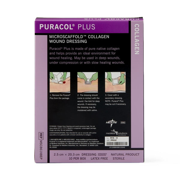 Medline Puracol Plus Collagen Wound Dressing 1 x 8 In. Rope, in Educational Packaging, Sterile, Non-Adhesive, Box of 10, MSC861X8EP