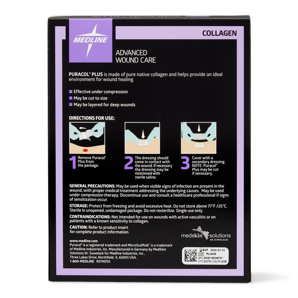 Medline Puracol Plus Collagen Wound Dressing, 4.25 W x 4.5 In. L Sheet, Highly Absorbent, Non-Adhesive, MSC8644EP