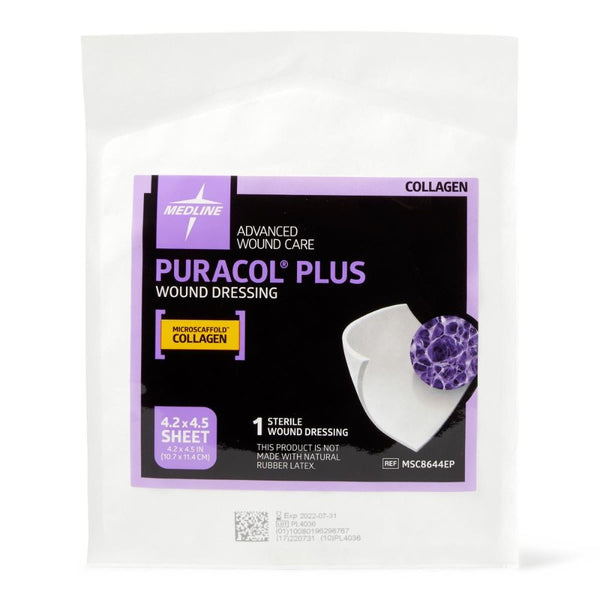 Medline Puracol Plus Collagen Wound Dressing, 4.25 W x 4.5 In. L Sheet, Highly Absorbent, Non-Adhesive, MSC8644EP