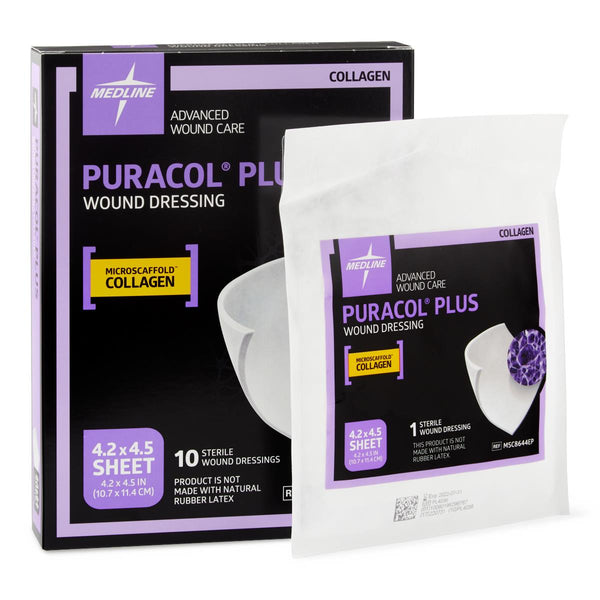 Medline Puracol Plus Collagen Wound Dressing, 4.25 W x 4.5 In. L Sheet, Highly Absorbent, Non-Adhesive, MSC8644EP
