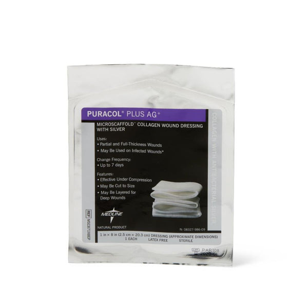 Medline Puracol Plus AG+ Collagen Wound Dressing with Antimicrobial Silver 1 x 8 In. Rope, in Educational Packaging, Sterile, Non-Adhesive, MSC871X8EP