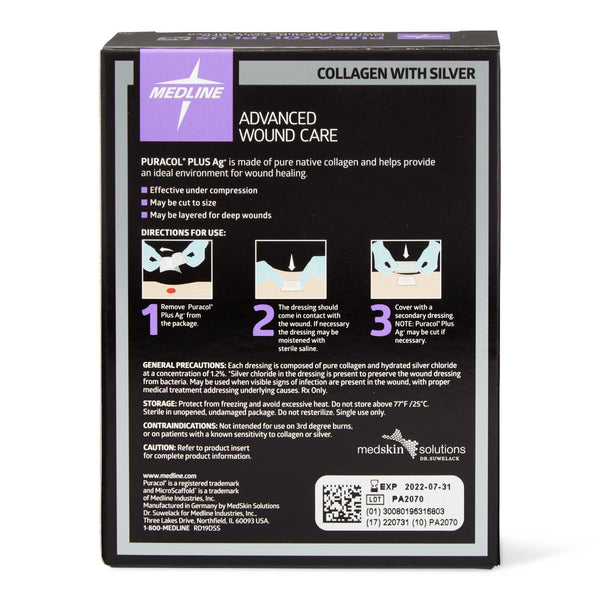 Medline Puracol Plus AG+ Collagen Wound Dressing with Antimicrobial Silver, 2 x 2.22 In. Sheet, in Educational Packaging, Sterile, Non-Adhesive, MSC8722EP