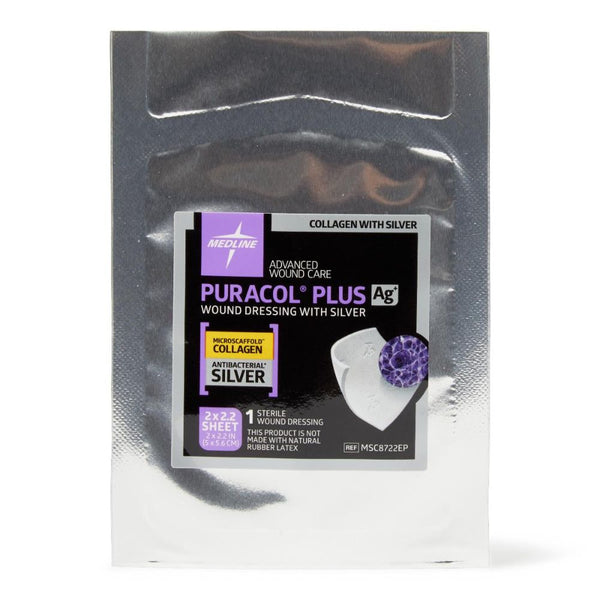 Medline Puracol Plus AG+ Collagen Wound Dressing with Antimicrobial Silver, 2 x 2.22 In. Sheet, in Educational Packaging, Sterile, Non-Adhesive, MSC8722EP