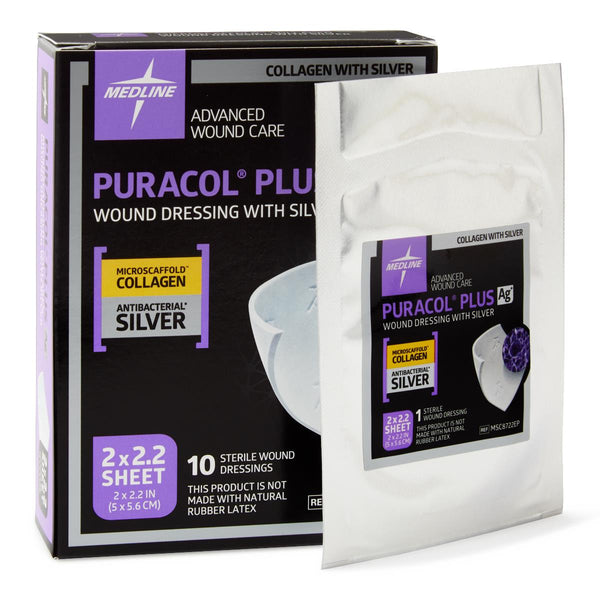 Medline Puracol Plus AG+ Collagen Wound Dressing with Antimicrobial Silver, 2 x 2.22 In. Sheet, in Educational Packaging, Sterile, Non-Adhesive, MSC8722EP