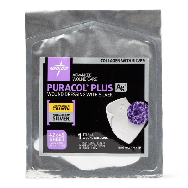 Medline Puracol Plus AG+ Collagen Dressing with Antimicrobial Silver, 4.25 x 4.5 In. Sheet, Sterile, Non-Adhesive, MSC8744EP