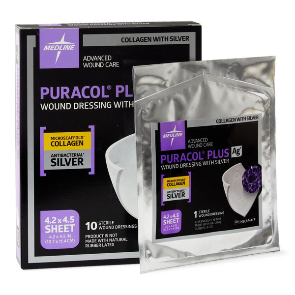 Medline Puracol Plus AG+ Collagen Dressing with Antimicrobial Silver, 4.25 x 4.5 In. Sheet, Sterile, Non-Adhesive, MSC8744EP