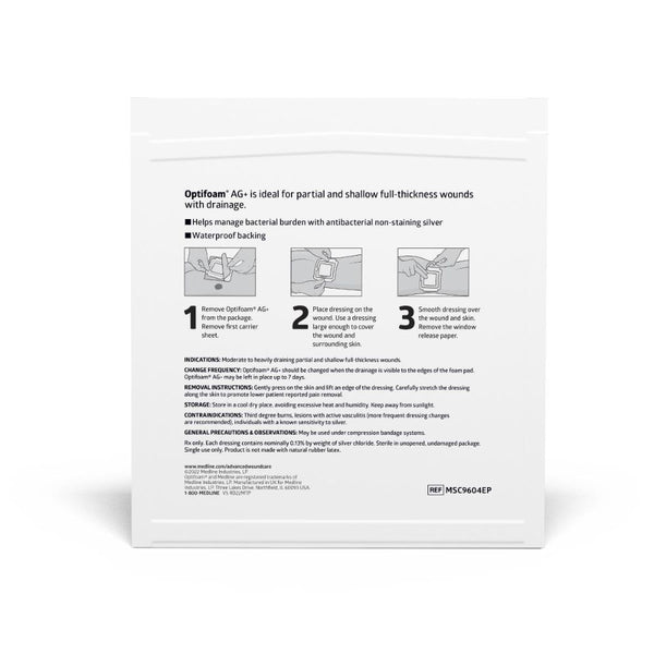 Medline Optifoam Ag+ Adhesive Foam Dressing with Antibacterial Silver 4" L x 4" W Square Shape, Sterile, MSC9604EP