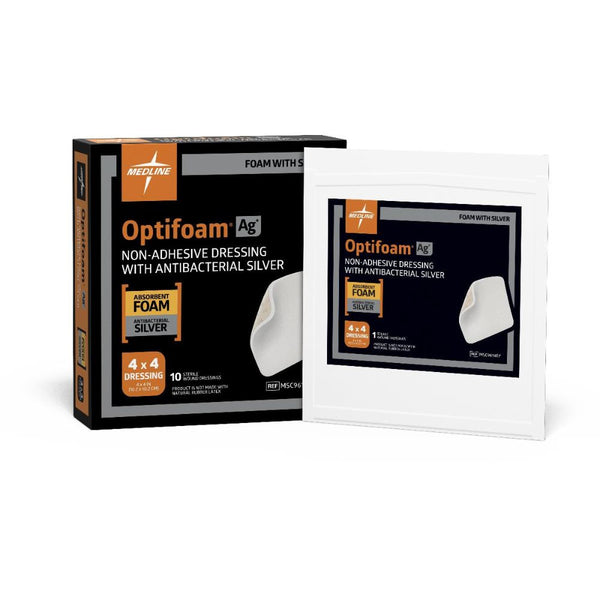 Medline Optifoam Ag+ Non-Adhesive Foam Dressing with Antibacterial Silver 4" x 4" Square Shape, Sterile, MSC9614EP
