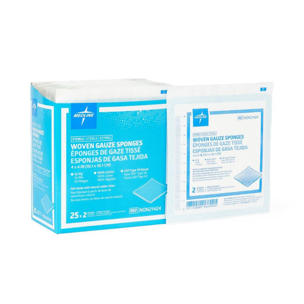 Medline Sterile Cotton Woven Gauze Sponge, 4" x 4", 12 ply, 2/Pack, NON21424