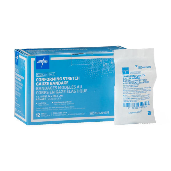 Medline Sterile Conforming Stretch Gauze Bandages, 1" x 75", Rayon/Polyester, NON254955
