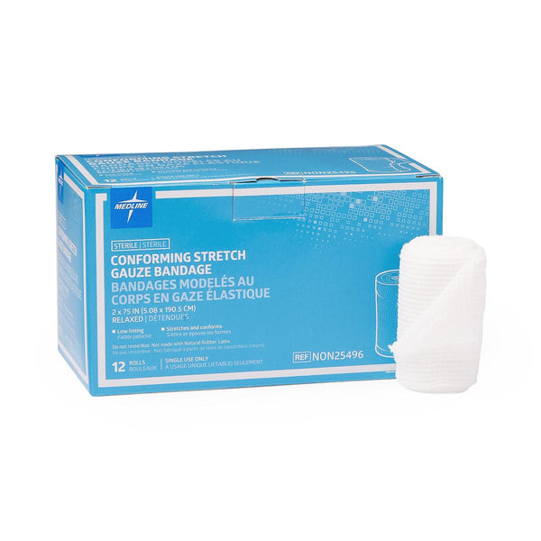Medline Sterile Conforming Stretch Gauze Bandages, 2" x 75", Rayon/Polyester, NON25496