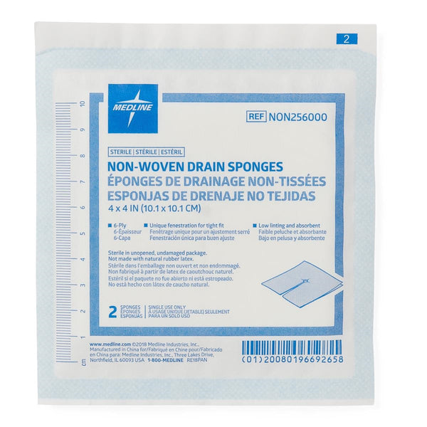 Medline Avant 6-Ply Non-Woven Sterile Drain Gauze Sponges, 4"x4" in 2-Packs, Low linting, Highly absorbent, NON256000