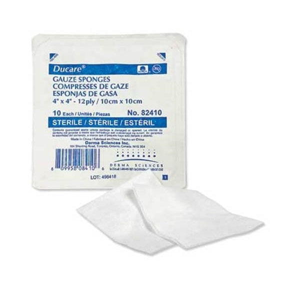 Derma Sciences Ducare 100% Cotton Woven Sterile Gauze Sponge, 12-Ply, Various Sizes
