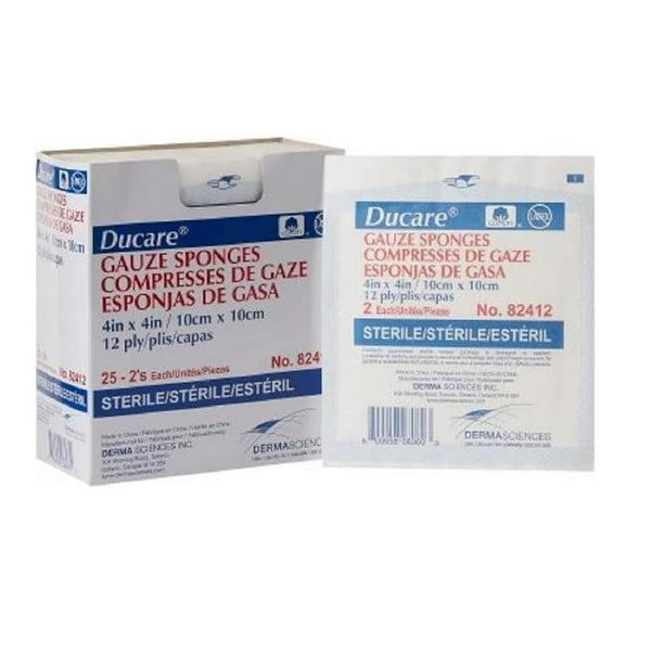 Derma Sciences Ducare 100% Cotton Woven Sterile Gauze Sponge, 12-Ply, Various Sizes