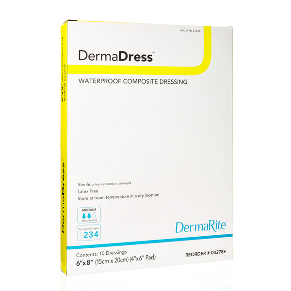 DermaRite DermaDress Waterproof Composite Wound Dressing, 4 x 4 In., Non Woven, Low Adherent, Sterile, 10 dressings, 00276E