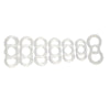 Collection of Encore clear silicone tension bands in various sizes, each featuring a three-loop design with two side loops for application and removal.