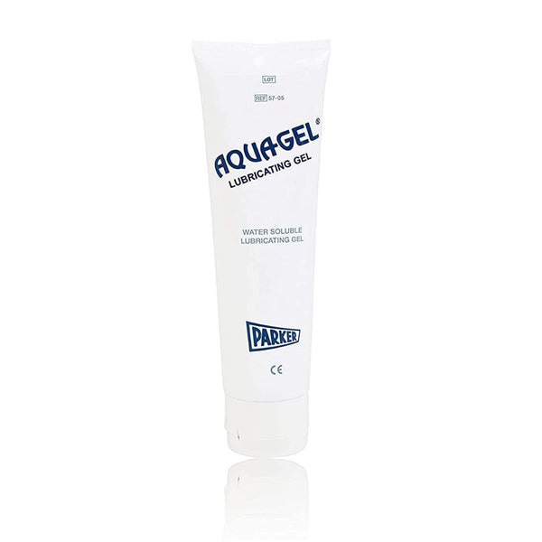 A tube of ParkerLabs AquaGel Lubricating Gel with a white label and blue text.