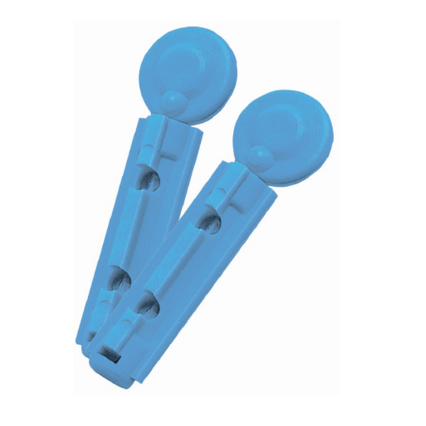 Two blue Trividia True Plus Twist-Top Universal Lancets on a white background