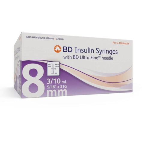 BD 31G (0.25mm) 5/16in (8mm) 3/10cc (0.3mL) Ultra-Fine Needle U100 Insulin Syringes, Half-Unit Scale Markings, 31 Gauge, Becton Dickinson 328440