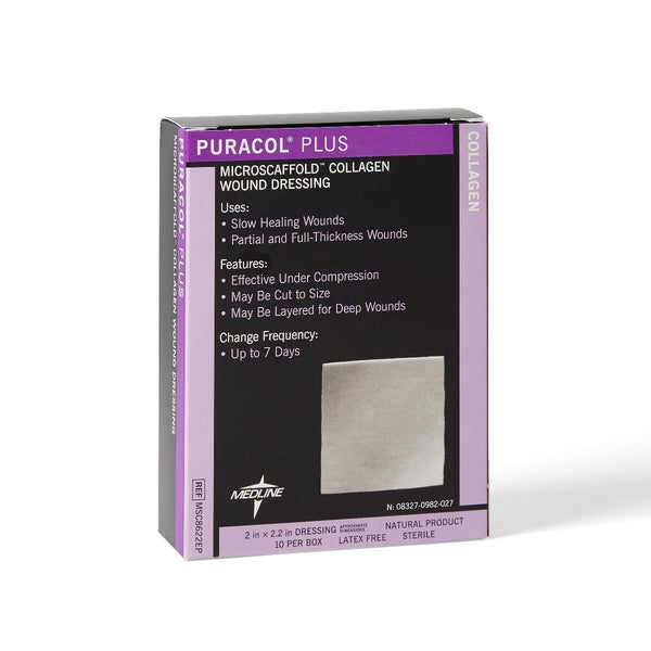 Medline Puracol Plus Collagen Wound Dressing, 2 W x 2.25 In. L Sheet, in Educational Packaging, Highly Absorbent, Non-Adhesive, MSC8622EP