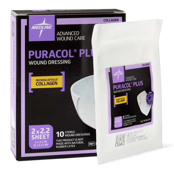 Medline Puracol Plus Collagen Wound Dressing, 2 W x 2.25 In. L Sheet, in Educational Packaging, Highly Absorbent, Non-Adhesive, MSC8622EP