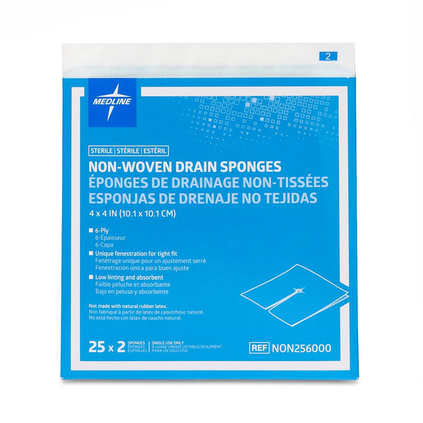 Medline Avant 6-Ply Non-Woven Sterile Drain Gauze Sponges, 4"x4" in 2-Packs, Low linting, Highly absorbent, NON256000