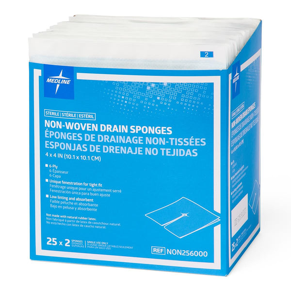 Medline Avant 6-Ply Non-Woven Sterile Drain Gauze Sponges, 4"x4" in 2-Packs, Low linting, Highly absorbent, NON256000