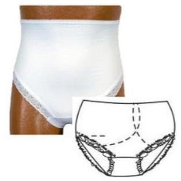 OPTIONS Ladies' Brief Basic with Cotton Crotch and Built-In Barrier/Support, White, Left-Side Stoma, XXL, 12, Hips 47" - 49"