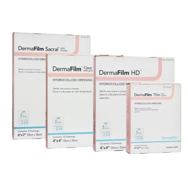 DermaRite DermaFilm Thin With Border, Hydrocolloid Dressing, Sterile, Latex-Free, Easy To Apply And Remove, 4" X 4", 10 Dressings, 00259E