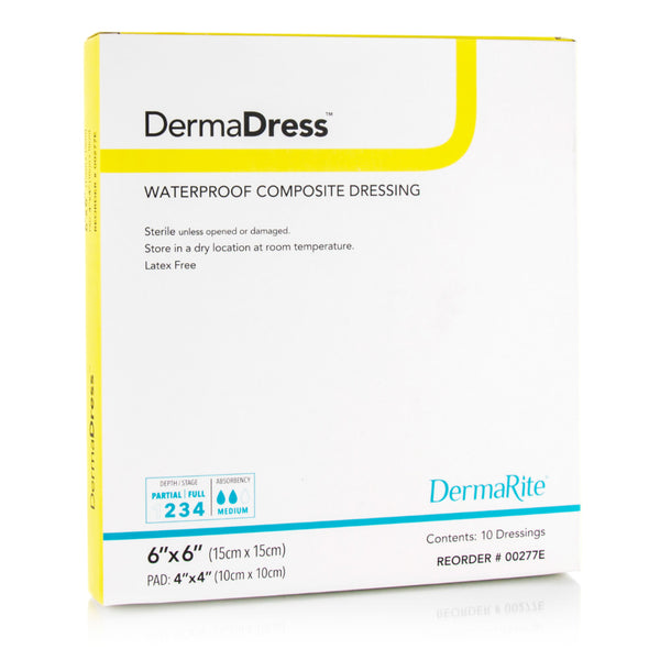 DermaRite DermaDress Waterproof Composite Wound Dressing 6 x 6 In.Square, Non-woven, Low Adherent, Sterile, DM277