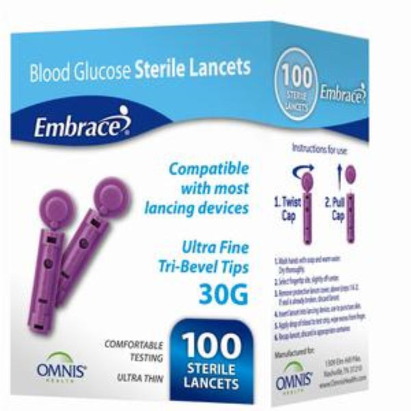Box of 100 Omnis Health Embrace Twist-Top 30G (0.30 mm) Universal Lancets on a white background