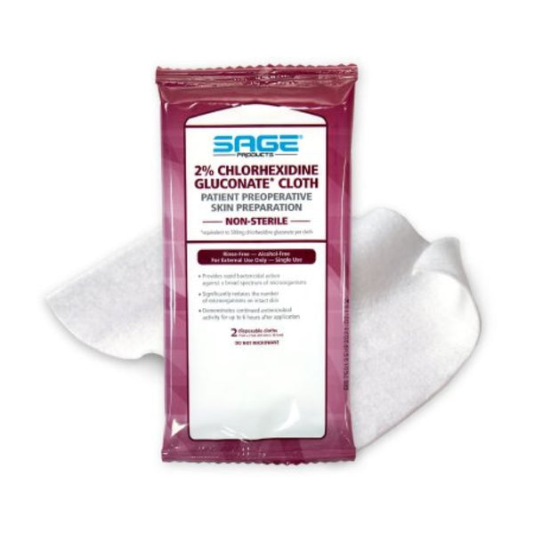 Sage Products CHG 2% Chlorhexidine Gluconate Cloth 7-1/2" x 7-1/2" Rinse-Free, Alcohol-Free, Non-Sterile, 2 per Pack Soft Pack