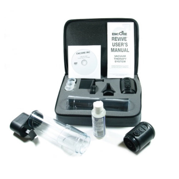 The image shows the components of the Encore Revive Premium Vacuum Erection Device Therapy System, including a pump, penile tube, rings, and other accessories, displayed alongside a user's manual.