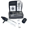 The image shows the components of the Encore Deluxe Vacuum Erection Device Therapy System, including a pump, penile tube, rings, and other accessories, displayed alongside a user's manual.