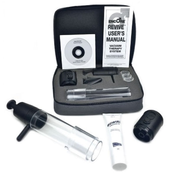 The image shows the components of the Encore Deluxe Vacuum Erection Device Therapy System, including a pump, penile tube, rings, and other accessories, displayed alongside a user's manual.