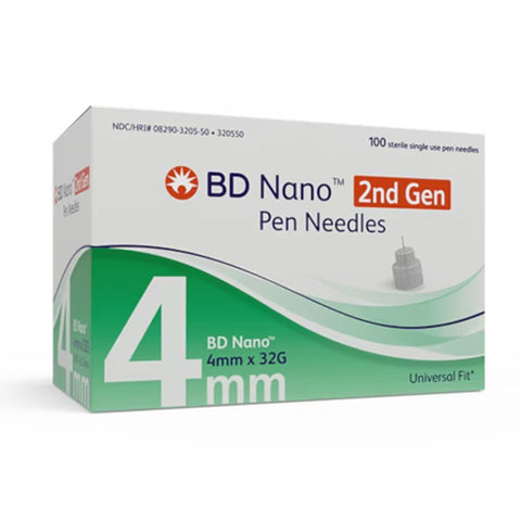 BD Nano 2nd Gen 32G (0.23mm) 5/32in (4mm) Becton Dickinson U100 Nano Insulin Pen Needles, 320574