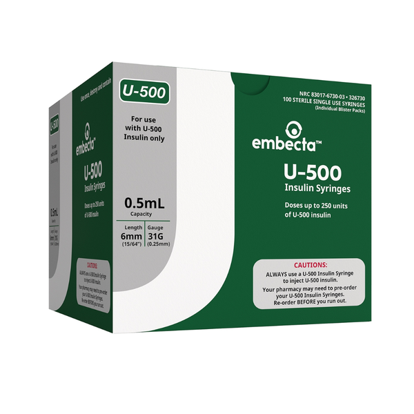 embecta 31G (0.25mm) 15/64in (6mm) 1/2cc (0.5mL) Ultra-Fine Needle U500 Insulin Syringes, 31 Gauge, U-500, BD Becton Dickinson