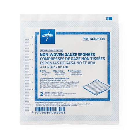 Medline Gauze Sterile Nonwoven 4-Ply Sponges, 4" x 4", in 2-Packs, Rayon/Polyester, Low Linting, Extra-Absorbent, NON21444