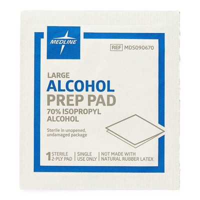 Medline Alcohol Prep Pads, 70% Isopropyl Alcohol, 2-Ply, Large, Sterile, Box of 100, MDS090670